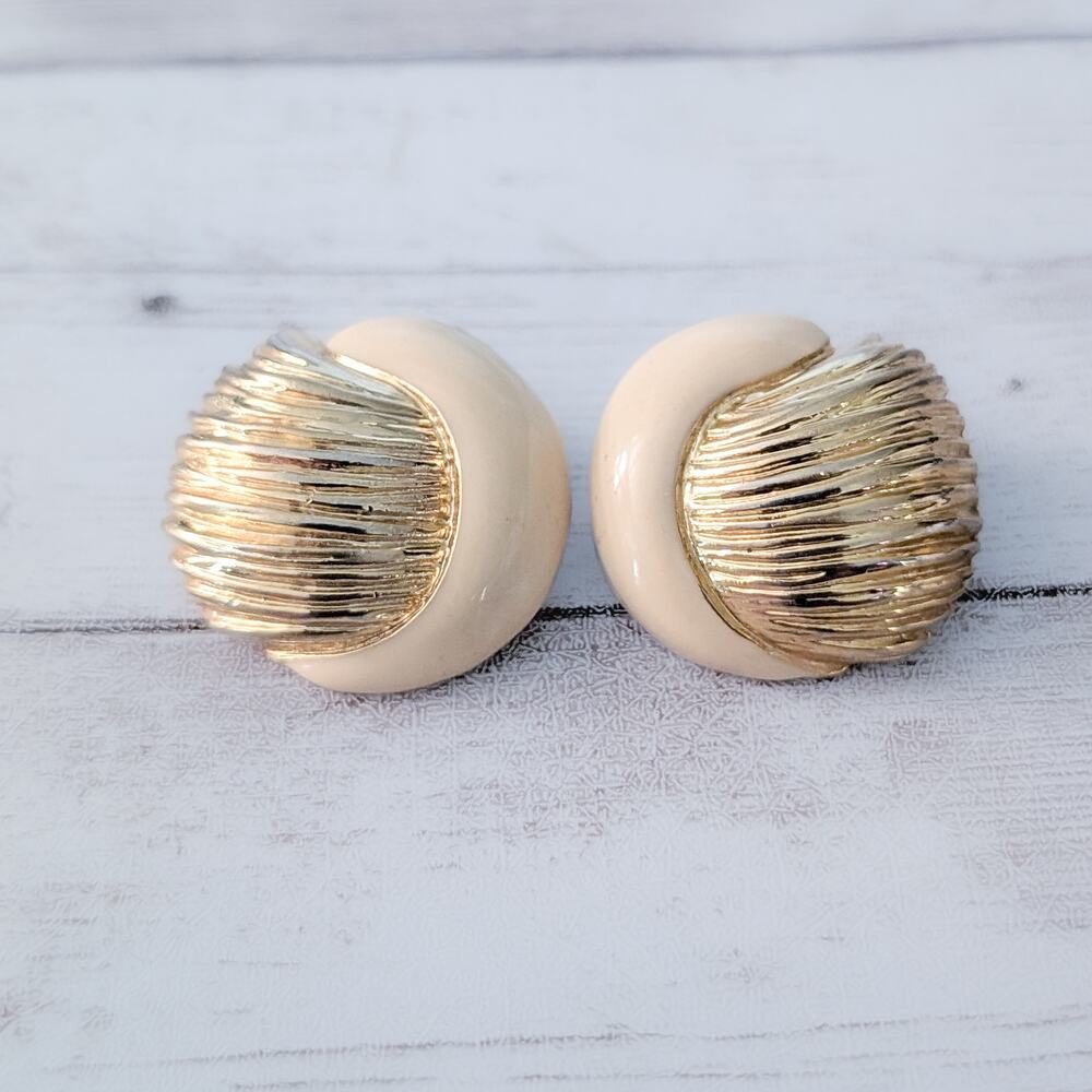 Vintage Clip On Earrings - Large Chunky Cream & Gold Tone - Fair Condition
